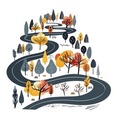 Naklejka premium Winding roads, colorful trees, vector illustration, clean lines, isolated on white background