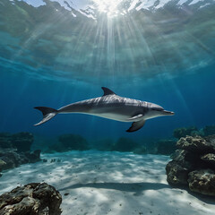 Naklejka premium A serene underwater scene with dolphin swimming playfully in the blue water with copy space