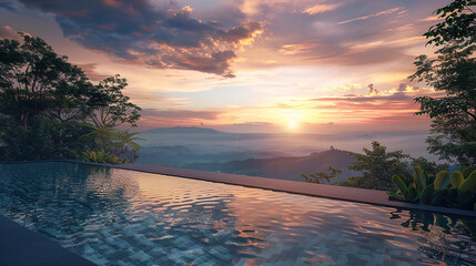 A serene infinity pool overlooking a breathtaking mountain landscape at sunset. The tranquil setting is ideal for relaxation and luxury travel.