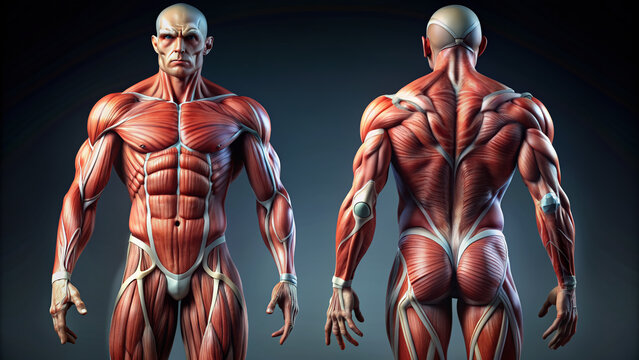 Detailed illustration of the male muscular system showcasing back and front views, highlighting skeletal muscles, tendons and ligaments in intricate anatomical detail.