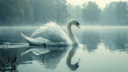 Fototapeta premium Solitary Swan in Misty Lake
