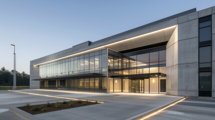 Obraz premium Innovative concrete building, serving as a multi-purpose facility, combining modern construction techniques with sleek, utilitarian design