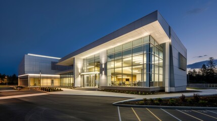 Obraz premium Innovative concrete building, serving as a multi-purpose facility, combining modern construction techniques with sleek, utilitarian design