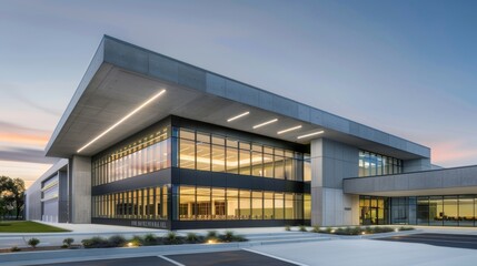 Obraz premium Innovative concrete building, serving as a multi-purpose facility, combining modern construction techniques with sleek, utilitarian design