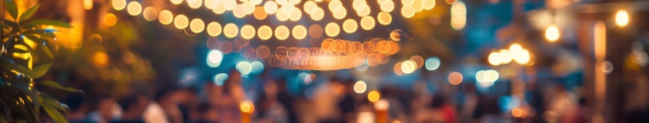 Abstract Wallpaper for World Beer Festival and Summer Party Theme. Popular Chilled Beverages Marketing Ad with Bokeh Background of Street Bars and Beer Restaurants. Asian Outdoor Scene with People Rel
