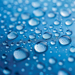 Water droplets on a blue surface, highlighting texture and purity in a minimalist composition.
