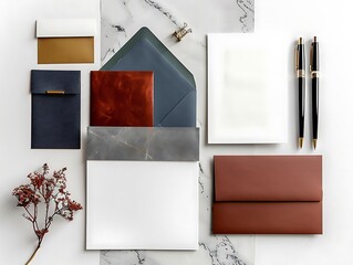 Flat Lay Photography of Envelopes, Pens, and Paper on a White Background with a Marble Texture