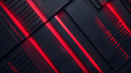 Black and Red Abstract Technology Background with Diagonal Lines and Stripes, Featuring Dark Geometric Shapes and a Metallic 3D Effect, Enhanced by Gradient Light and Subtle Glow for a Modern and Futu