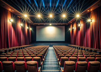 Rows of empty seats facing a massive screen illuminated by a captivating film, with curtains and a darkened auditorium setting the cinematic mood.