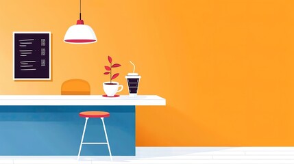 Cozy coffee shop corner, startup vibe, chalkboard menu, gentle morning light, side view, ample copy space isolated on soft plain pastel solid background