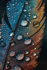 Fototapeta premium Close-up of a feather with water droplets, showcasing the delicate texture and intricate details.