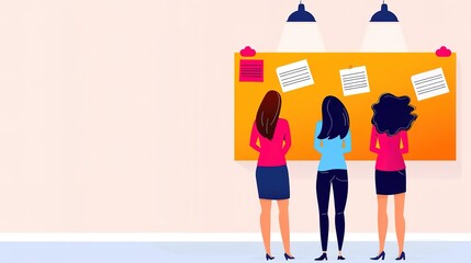 Startup team brainstorming, colorful sticky notes wall, bright overhead light, three-quarter view, left copy space isolated on soft plain pastel solid background