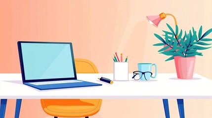 Home office setup, startup style, boho chic decor, bright window light, eye-level shot, right-aligned copy space isolated on soft plain pastel solid background