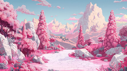A serene landscape featuring a pathway surrounded by pink trees and vegetation, set against a backdrop of majestic mountains under a clear sky.