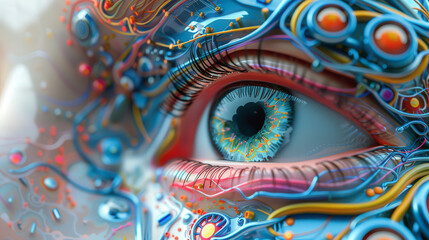 Fototapeta premium Close-up of a vibrant, futuristic artificial eye surrounded by intricate, colorful circuitry depicting the blending of technology and human anatomy.
