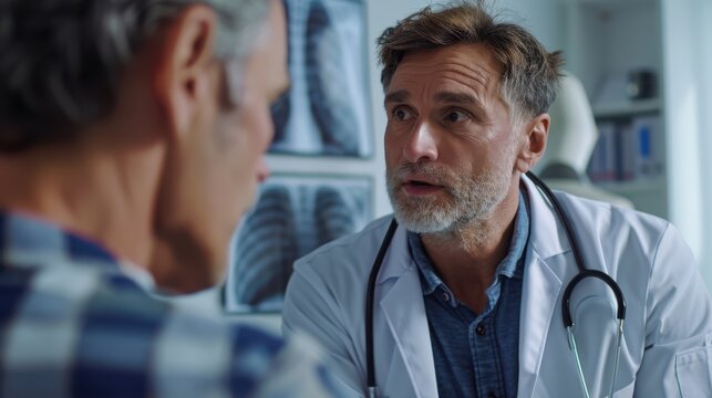 A man in a white coat is talking to a man in a plaid shirt