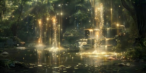 Fototapeta premium A forest with a pond with a waterfall and a few trees. The water is calm and the sky is bright