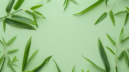 Fototapeta premium Flat lay of green bamboo leaves and stalks