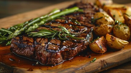 A close-up shot of a perfectly grilled ribeye steak with prominent grill marks, served with roasted potatoes and asparagus, garnished with fresh rosemary, presented on a rustic wooden platter,