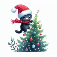 A cute black cat wearing a Santa hat and scarf climbs a Christmas tree decorated with ornaments and lights.