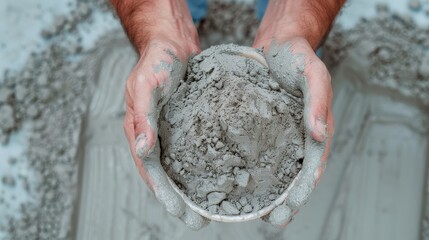 Hands mixing Portland cement powder with water and aggregate, creating a smooth mortar mix for construction use, detailed and focused