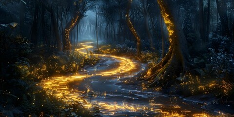 Fototapeta premium A forest with a lava flow that is orange and yellow. The light is glowing and it is a beautiful scene