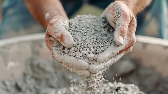 Hands mixing Portland cement powder with water and aggregate, creating a smooth mortar mix for construction use, detailed and focused