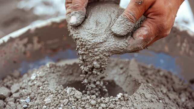 Hands mixing Portland cement powder with water and aggregate, creating a smooth mortar mix for construction use, detailed and focused