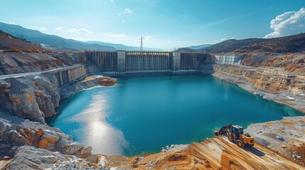 Hydroelectric Dam Construction Site. Hydroelectric dam under construction, featuring heavy machinery and a large reservoir in a mountainous area.
