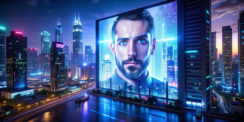A futuristic cityscape with sleek skyscrapers and neon lights serves as the backdrop for a large screen displaying a ghostly male facial projection.