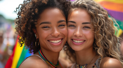 Fototapeta premium Happy Friends at Pride Parade. Two friends smile together at a Pride parade, reflecting the spirit of joy, acceptance, and unity within the LGBTQ+ community.