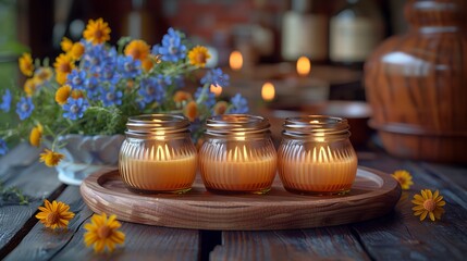 Trio of Aromatherapy Candles with Flowers. Three aromatherapy candles in glass jars are displayed with vibrant flowers, creating a serene and inviting spa ambiance.