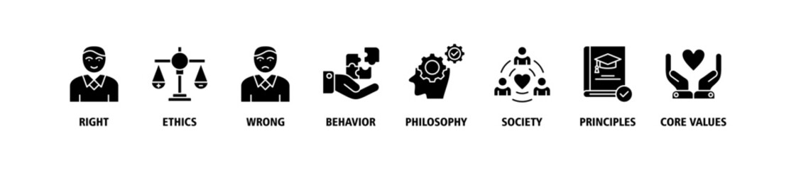 Morality banner web icon set vector symbol illustration concept with icon of Right, ethics, wrong, behavior, philosophy, society, principles, core values. Business banner web vector infographic