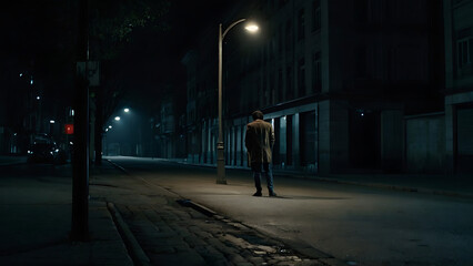 An isolated figure standing in under a tone streelight in an otherwise dark, empty city street, depicting depression, loneliness with copy space