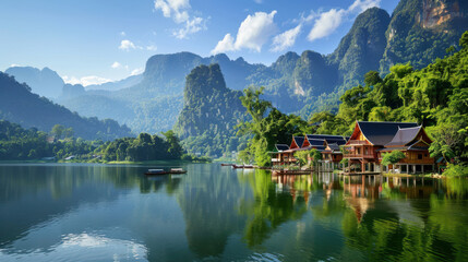 Fototapeta premium A serene view of Ban Rak Thai village nestled beside a tranquil lake, surrounded by lush green mountains