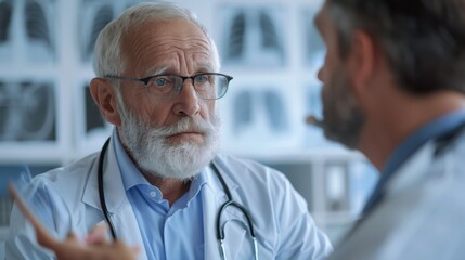 A man in a white lab coat is talking to another man in a white lab coat