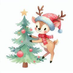 Naklejka premium A cute cartoon deer in a santa hat decorates a Christmas tree with red ornaments. Perfect for winter holiday greeting cards and designs.