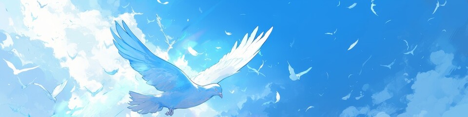 Abstract Wallpaper Featuring White Doves Flying in the Sky with Divine Light Shining from Above. Blue Background with White Clouds and Feathers, Symbolizing Peace and Purity. AI-Generated High-Quality