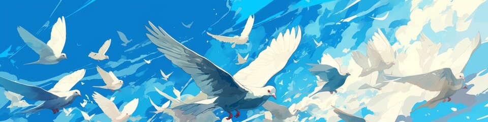 Obraz premium Abstract Wallpaper Featuring White Doves Flying in the Sky with Divine Light Shining from Above. Blue Background with White Clouds and Feathers, Symbolizing Peace and Purity. AI-Generated High-Quality