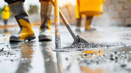 Concrete mixer in action at a construction site, workers using buckets to transfer mixed concrete, highlighting efficient operations and teamwork