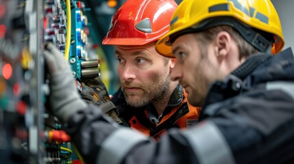 Fototapeta premium Two men in orange and black safety gear are working on a machine