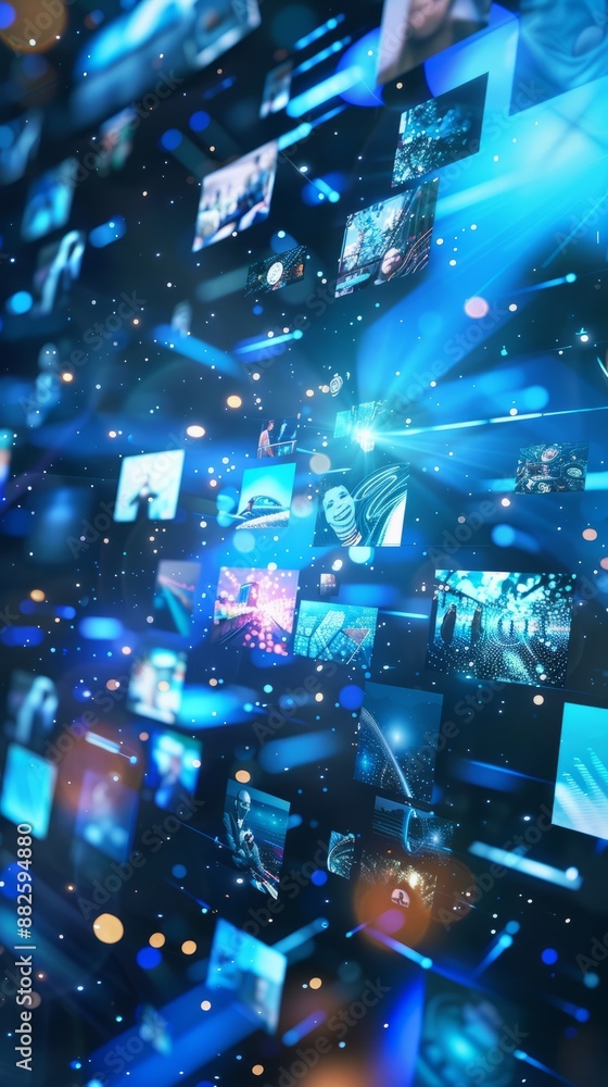 Poster a dynamic visual of multiple blue holographic images floating in the air, representing different vid