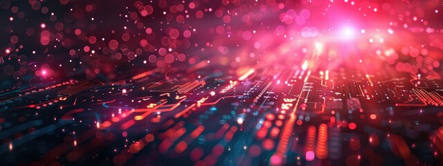 Obraz premium Abstract Futuristic Digital Circuit Board with Glowing Red and Pink Lights