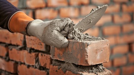 Construction worker applying mortar to bricks with a trowel, building a new wall from the ground up, showcasing the foundational steps of construction