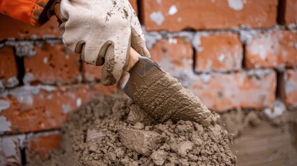 Fototapeta premium Construction worker applying mortar to bricks with a trowel, building a new wall from the ground up, showcasing the foundational steps of construction