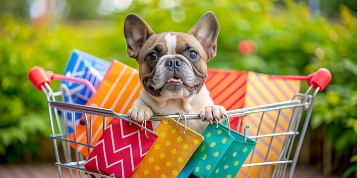 Adorable French bulldog sits comfortably in a shopper's cart filled with colorful sale signs and banners advertising limited time discounts and seasonal promotions.