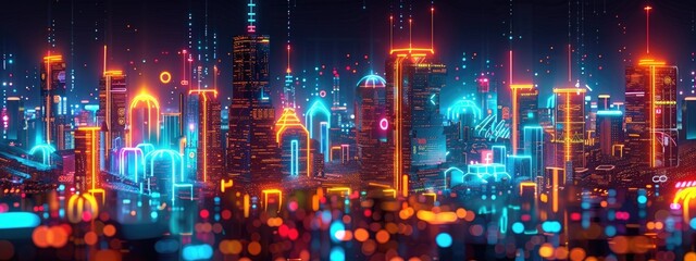 Fototapeta premium Futuristic neon-lit cityscape at night showcasing vibrant modern architecture and colorful digital lights