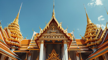 Fototapeta premium A traditional Thai temple with its distinctive golden spires and ornate roof, set against a clear blue sky