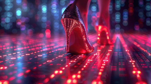 Futuristic High Heels on LED Floor - Nightlife, Fashion, Technology, Digital Sparkle, Glamour at a Tech Party