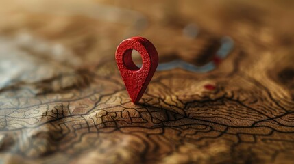 Red Location Marker on Detailed Topographic Map with Focused Depth-of-Field